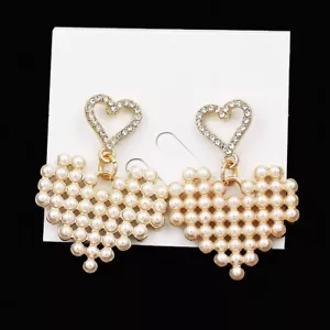 925 Silver Needle Pearl Crystal Double Love Heart Dangle Drop Ear Stud Earrings - Picture 1 of 5
