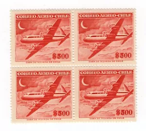 CHILE 1956-60 aircraft 500 pesos red NO WATERMARKED MNH block of 4  - Picture 1 of 1