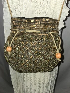 Vintage Copper Gold Color Beaded & Sequined Drawstring Bag Purse Beautiful! - Picture 1 of 7