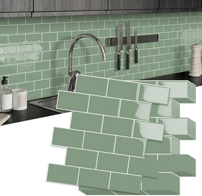 10 Sheet Thicker Subway Tiles Peel and Stick Backsplash,12"x12" Green Self Adhes - Image 1 of 4