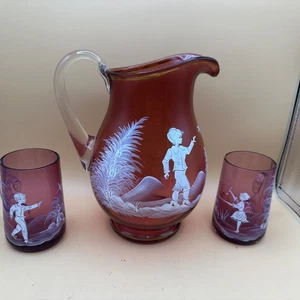 Mary Gregory Cranberry Glass Pitcher And Glasses pitcher 9 in glasses 4.5 Inch - Picture 1 of 13