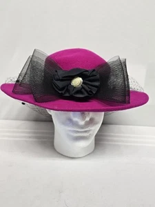 Women's Pink Fleece Hat Fedora With Black Bow And Decor - Picture 1 of 2
