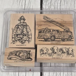 Set of 4 - Vintage 2004 Stampin Up Fire Brigade Firefighter Wooden Rubber Stamps - Picture 1 of 6