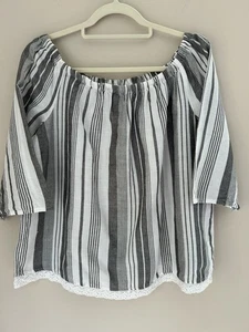 M&S Womens Top Size 16 Grey White Stripe Linen Blend Summer Holiday - Picture 1 of 7