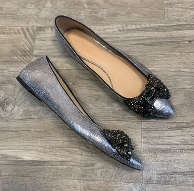 Tory Burch Mujer Vanessa Plata Craquelado Cristal Arco Sin Cordones Planos Punta Punta Punta 8M Foto 1 de 4