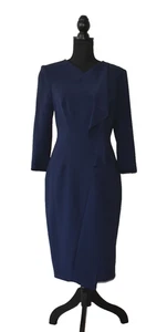 Abito a tubino su misura B0 nuovo con etichette Karen Mullen blu navy con volant a cascata taglia US10 $399 - Foto 1 di 7