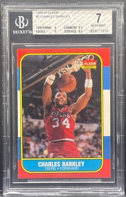 1986-87 FLEER BASKETBALL #7 CHARLES BARKLEY ROOKIE CARD RC HOF GRADED BGS 7 NM - Image 1 of 2