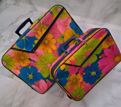 Juego de 2 maletas de lona retro hippie Japón Flower Power vintage años 60-70 equipaje Foto 1 de 4