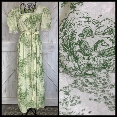 Maxi Vestido Vintage Años 70 Hecho a Mano Marfil Blanco Verde Jinete Caballo Pradera Foto 1 de 4