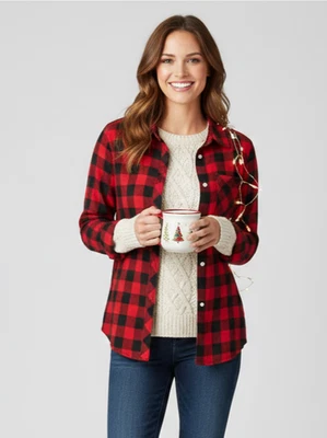 Camisa feminina GAP Buffalo xadrez flanela vermelha preta média aconchegante férias botão para cima - Imagem 1 de 4
