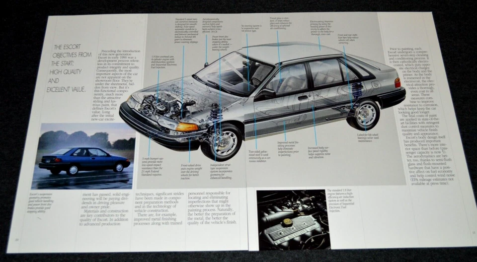 1992 FORD ESCORT INSIDE VIEW CUTAWAY ORIGINAL DEALER INFORMATION PRINT AD 92 - Image 1 of 1