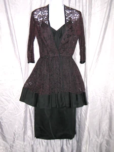 Vintage 60s Woman's Black Satin and Lace Little Black Dress Ensemble - Picture 1 of 6