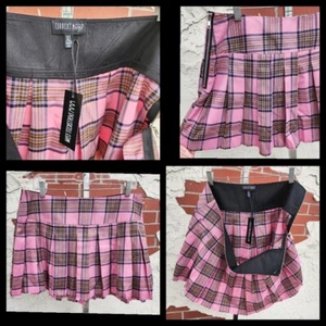 New XL women Current Mood Dolls Kill Pleated Plaid Skirt Pink Raw Hem - Picture 1 of 16