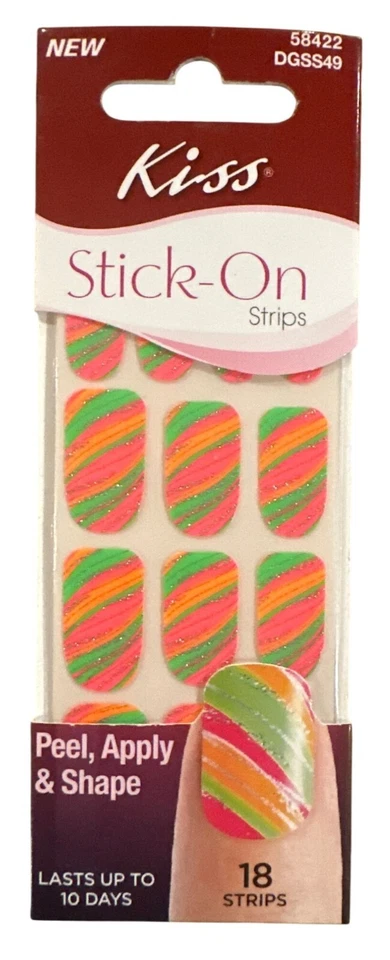 Kiss Stick-On Peel Apply and Shape 18 полосок/ногтей розовый + зеленый + оранжевый неоновый блеск - Изображение 1 из 1