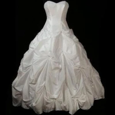 David's Bridal Wedding Dress 10 White Satin Corset Ruffles Pearls Bling  $799 - Image 1 of 4