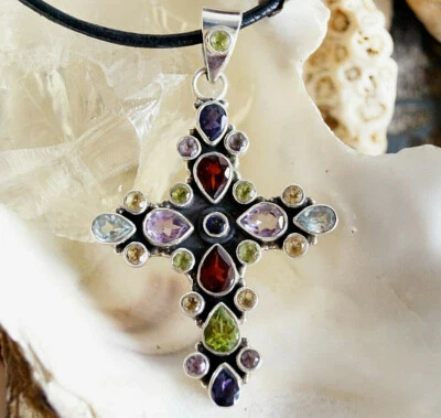 Massiv Groß Vintage Kreuz Kettenanhänger 6 cm Silber Blautopas Peridot Iolith - Bild 1 von 4