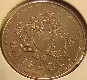 1998 Barbados 25 Twenty Five Cent National Arms & Trident Coin UNC - Picture 1 of 8