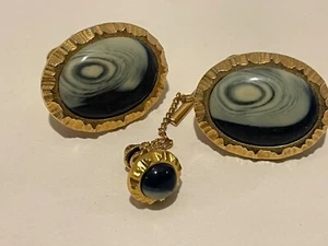 ocean blue gold color steel cuff Shirt button Men's Set w tie pin Cufflinks  - Bild 1 von 3