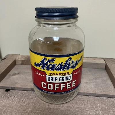 Vintage Nash's Toasted Drip Grind 1 LB Coffee Glass Jar & Metal Lid Minneapolis - Image 1 of 4