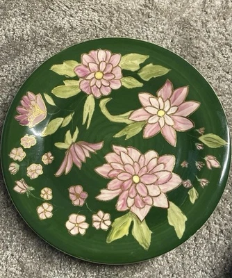 Vintage 27cm Hand Painted Green And Pink Dinner Plate Marked - Image 1 of 4