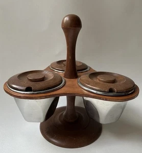 Vintage MCM Wood Condiment Relish Server Stainless Steel Bowls Wood Lids CT - Picture 1 of 14