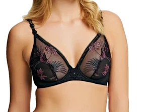 Wacoal Idyll Bra Black Size 32C Underwired Plunge Floral Embroidery Sheer 128001 - Picture 1 of 2