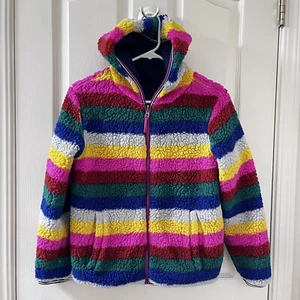 Mini Boden Rainbow Striped Cosy Reversible Fleece Hoodie Jacket Girls Size 11-12 - Picture 1 of 24