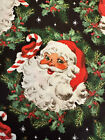 RETRO VINTAGE CHRISTMAS SANTA CLAUS FACES HEADS & WREATHS COTTON FABRIC HALF YD