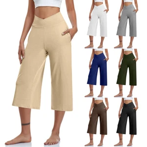 Women Capris Leg Pants Wide Leg Yoga Soft Pockets Sweatpants Work Capris Pants - Picture 1 of 27