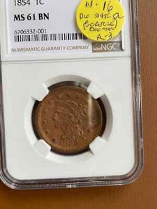 1854 N - 16 ( Die State a) LARGE CENT NGC MS61BN UNCIRCULATED - Picture 1 of 5