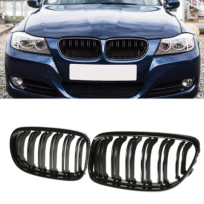 FOR BMW E90 E91 3 SERIES 09-11 KIDNEY GRILL GRILLE TWIN SLAT GLOSS BLACK M STYLE - Image 1 of 4
