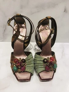 Rene Caovilla Green Fabric Brown Leather Embellished Crystal Open Toe Heels - Picture 1 of 6