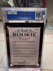 JUAN SOTO 2018 LEAF “ACHIEVEMENT " GEM-MT 10 ROOKIE CARD #RA-23! W/H COA!
