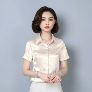 Damen Kurzarm Bluse Shirt Oberteil Kunstseide Satin Business Formell Glänzend - Bild 1 von 14