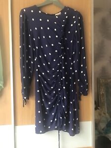 H&M blue polka dot dress ruched shoulder pads size 40 UK 12 bust 38” knee length