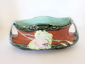 Vintage Art Nouveau French Majolica Small Cache Pot Jardiniere Or Vase W/ Rose - Picture 1 of 5