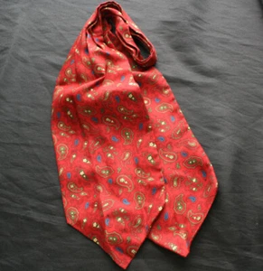 Vintage Blue/Green/Beige Paisley Silk Twill Red Ascot - Picture 1 of 3