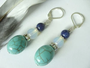 15 mm Türkis Howlith Ei Ohrringe Ohrhänger m.Mondstein & Lapislazuli +Brisuren  - Bild 1 von 2