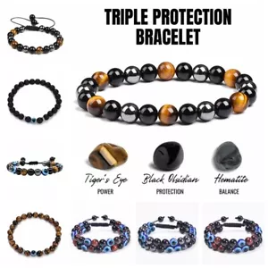 Triple ProtectionBracelet Natural Tiger Eye Eye Evil Stone Meditation Bracelets - Picture 1 of 26