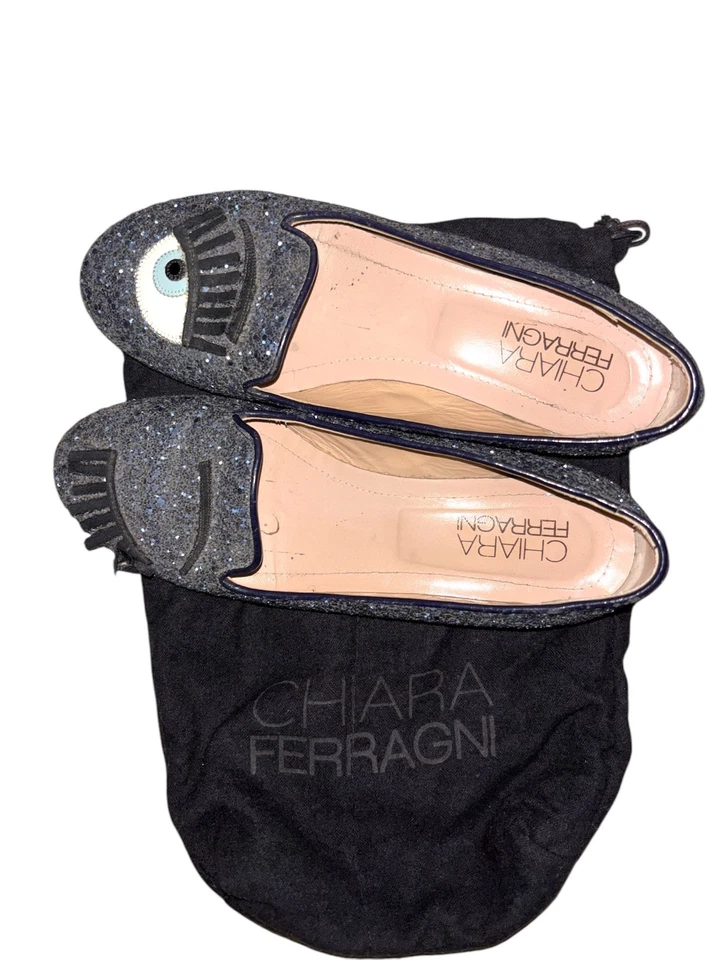 Chiara Ferragni Flirting Eye Glitter BLUE Leather Slip On Flats 37.5 - Image 1 of 1