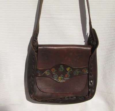 Vintage 60s~70s Tooled Leather Shoulder strap Purse BOHO Hand Paint Hippie/Hippy - Image 1 of 4