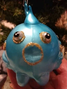 Vintage mundgeblasene Glasperlen Gold Glitzer blau PUFFERFISCH Ornament Googly Eyes EUC - Bild 1 von 6