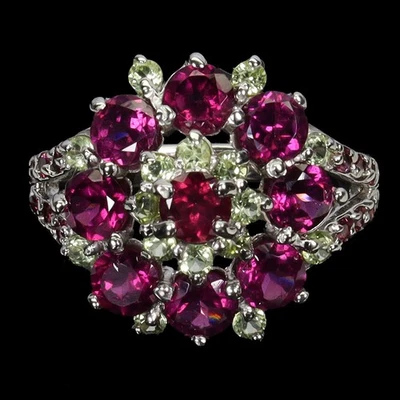 925 Sterlingsilber Ring Rund Rhodolith Peridot Natur Edelstein Schmuck Größe 7 - Bild 1 von 4