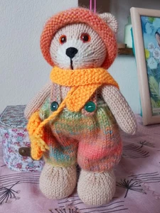 Hand Knitted Soft Toy Bear In Dungarees, Hat, Scarf & Bag - Picture 1 of 11