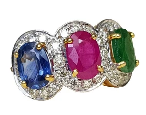 0.75ct Natural Diamond 14k BIS Hallmarked Yellow Gold Emerald Ruby Sapphire Ring - Picture 1 of 5