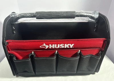 Husky 15" Open Top 10 Pocket Tool Tote Bag Heavy Duty Canvas Organizer Red Black - Image 1 of 4