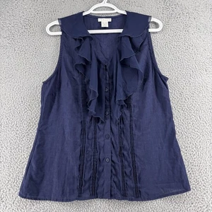 Tweeds Top Womens XL Navy Blue 100% Linen Sleeveless Ruffle Pintuck Tailored - Picture 1 of 10
