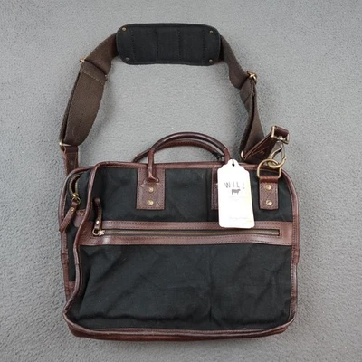 Will Leather Goods Canvas Leather Briefcase Messenger Laptop Bag Black Brown OS - Image 1 of 4