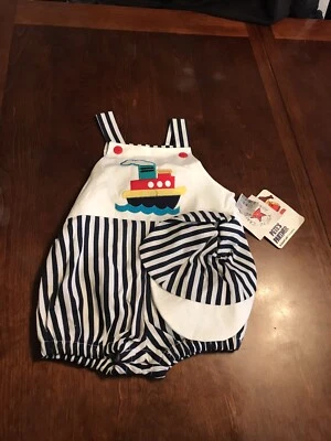 Vintage  Petes Partners Striped Sail Boat Shortalls With Cap NWT Made In USA - Image 1 of 4