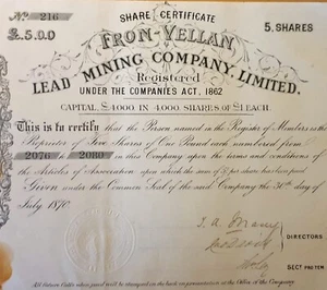 Mina de plomo galesa Fron-Yellan Lead Mining Co Ltd 5x£1 acciones 1870. Raro 2076-2080 - Imagen 1 de 1